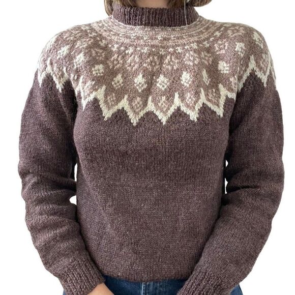 Vintage Womens Hand Knit 100% Wool Brown Fair Isle Scandinavian Sweater Sz M - Picture 3 of 10